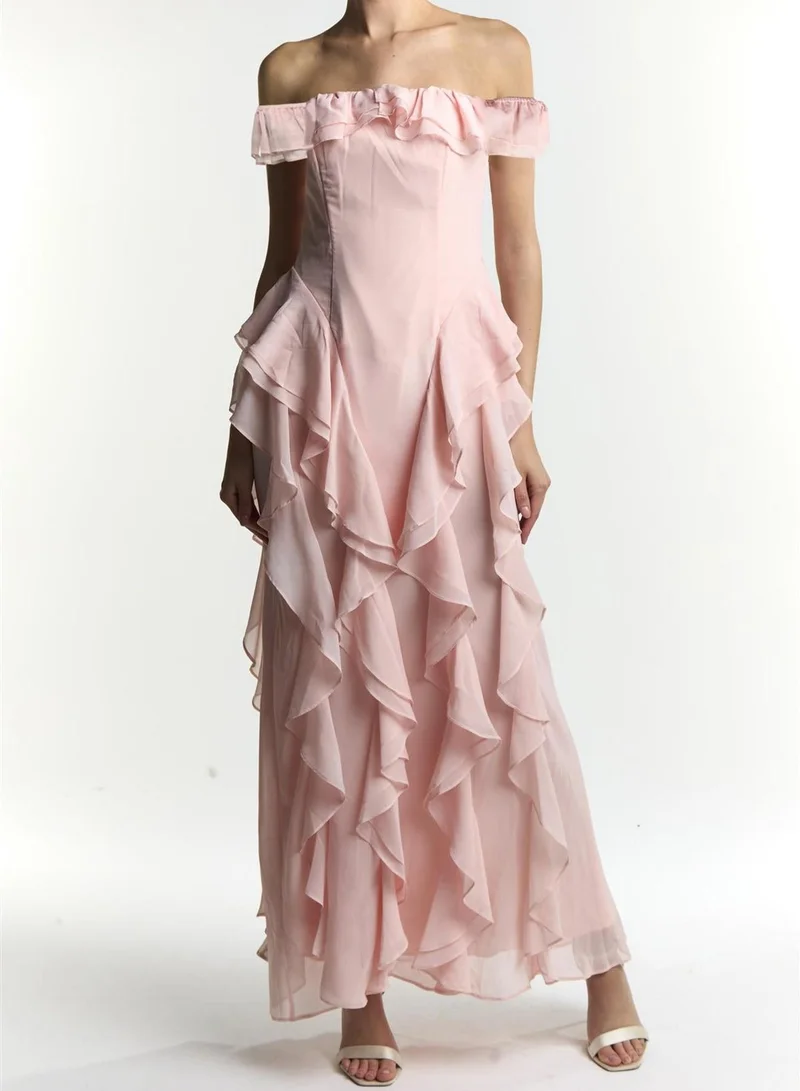 True Decadence Ari Pale Pink Bardot Ruffle Maxi Dress