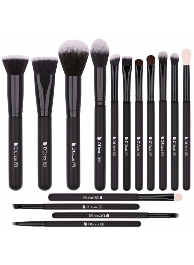 DUcare Makeup Brushes 15Pcs Premium Synthetic Kabuki Makeup Brush Set, Professional Foundation Concealers Powder Blush Blending Face Eye Shadows Black Brush Sets - Image 1