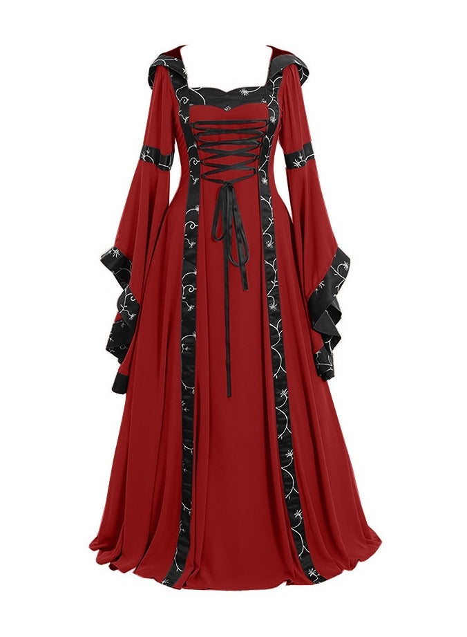 KUYING New Retro Square Collar Tied Waistband Flared Sleeve Jumpsuit Long Skirt 