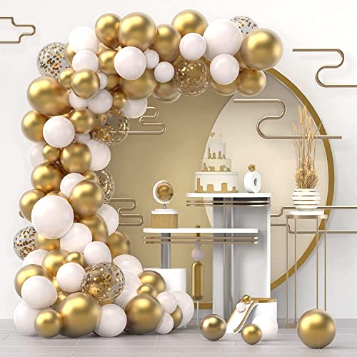 Lazybeee White and Gold Confetti Garland Arch Kit with 120 Pieces of 12 Inch 10 Inch and 5 Inch Latex Metallic for Birthday Wedding Anniversary Valentine Celebration Party Decoration Supplies - Image 1