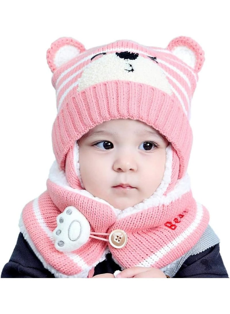SOLARAE قبعات شتوية للأطفال، وشاح شتوي دافئ باللون الوردي، قبعة محبوكة، قبعة أذن للأطفال للفتيات من 6-24 شهرًا - Image 1