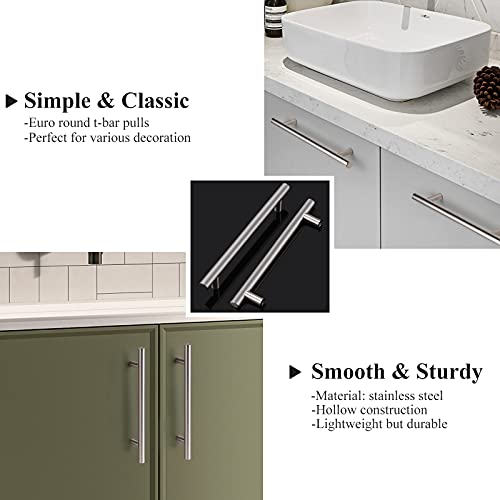 Probrico 5 Pack|Brushed Nickel T Bar Cabinet Pulls Stainless Steel Kitchen Cabinet Drawer Handles, 6-1/3 inch Hole Centers, Euro T Bar Pulls - Image 2
