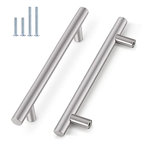 Probrico 5 Pack|Brushed Nickel T Bar Cabinet Pulls Stainless Steel Kitchen Cabinet Drawer Handles, 6-1/3 inch Hole Centers, Euro T Bar Pulls - Image 1