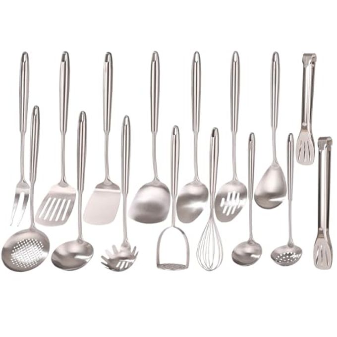 18/10 Stainless Steel Cooking Utensils Set - 16 PCS All Metal Serving Utensils, Kitchen Tools - Whisk, Masher, Fork, Tongs, Solid/Slotted Spoon, Spatula, Turner, Ladle, Skimmer, Pasta, Large Spoon Set