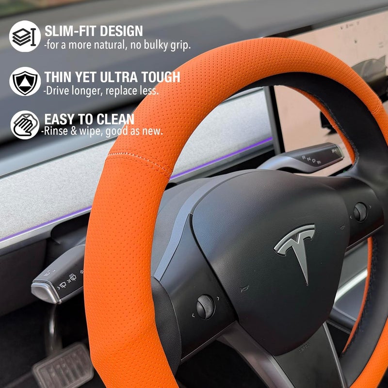 PINCTROT Supported Grip Nappa Leather Steering Wheel Cover for Tesla Model Y/3 Highland/Juniper, D Shaped 14 Inch Small Sized with Breathable Perforation, Flat Bottom 14 Inch(Hot Orange) - Image 3
