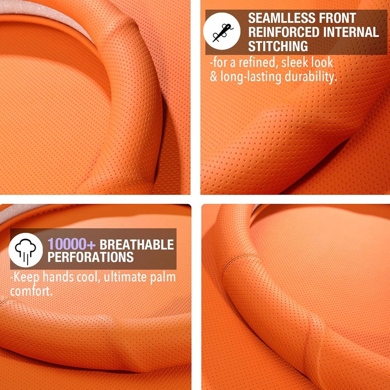 PINCTROT Supported Grip Nappa Leather Steering Wheel Cover for Tesla Model Y/3 Highland/Juniper, D Shaped 14 Inch Small Sized with Breathable Perforation, Flat Bottom 14 Inch(Hot Orange) - Image 4