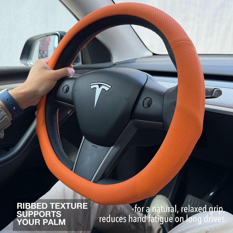 PINCTROT Supported Grip Nappa Leather Steering Wheel Cover for Tesla Model Y/3 Highland/Juniper, D Shaped 14 Inch Small Sized with Breathable Perforation, Flat Bottom 14 Inch(Hot Orange) - Image 2