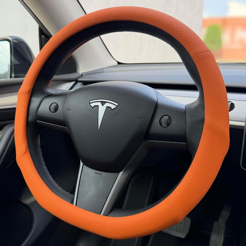 PINCTROT Supported Grip Nappa Leather Steering Wheel Cover for Tesla Model Y/3 Highland/Juniper, D Shaped 14 Inch Small Sized with Breathable Perforation, Flat Bottom 14 Inch(Hot Orange) - Image 1