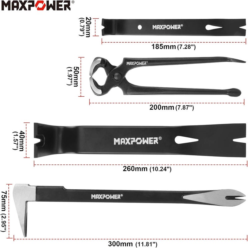 Max Power 4-Pieces Pry Bar Set, 12-inch Utility Claw Pry Bar, 8-inch Nail Puller, 10-inch and 7-inch Flat Pry Bar Crowbar Claw - Image 2