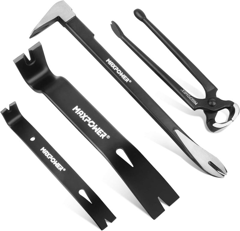 Max Power 4-Pieces Pry Bar Set, 12-inch Utility Claw Pry Bar, 8-inch Nail Puller, 10-inch and 7-inch Flat Pry Bar Crowbar Claw - Image 1