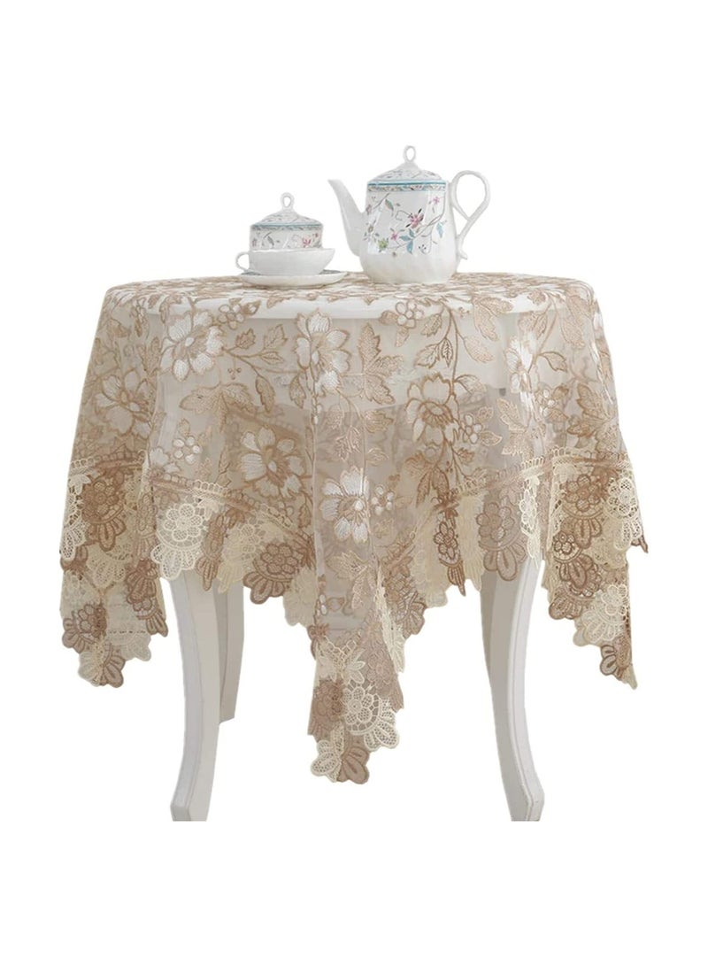 Zikra مفرش طاولة مربع، تطريز دانتيل، مقاوم للماء وقابل للغسل ومضاد للغبار، غطاء طاولة كلاسيكي لحفلات الزفاف، المنزل، مطبخ، تزيين طاولة الطعام، 90*90 سم (لوتس ذهبي أنيق) - Image 1