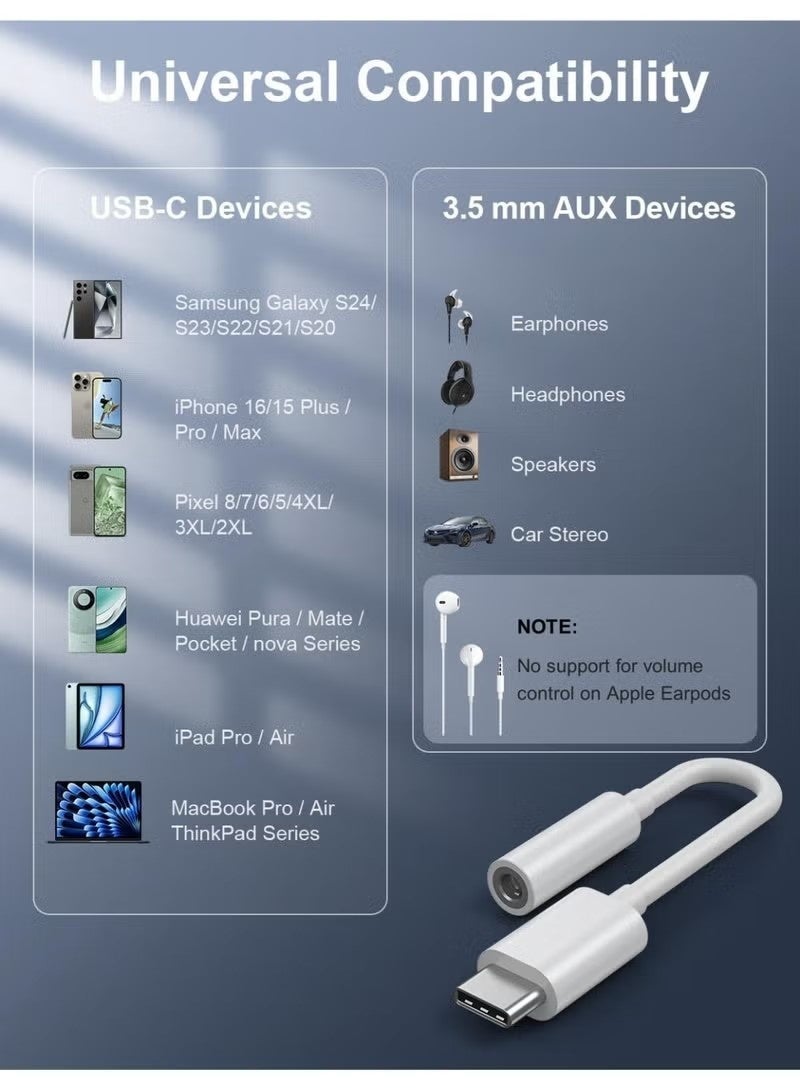 USB نوع C إلى 3.5mm سماعة الرأس جاك محول لآيفون 16/15 سلسلة / آيباد برو / Htc / موتو / سامسونج غالاكسي S25 S24 S23 فوق / جوجل بيكسل (أبيض) - Image 5
