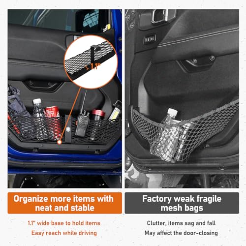 Hooke Road Front Door Pocket Storage Mesh Cargo Net for 2018-2026 Jeep Wrangler JL & 2020-2026 Gladiator JT Accessories (Manual Seat Only), 2 PCS Door Side Insert Organizer Alimunim Base - Image 3