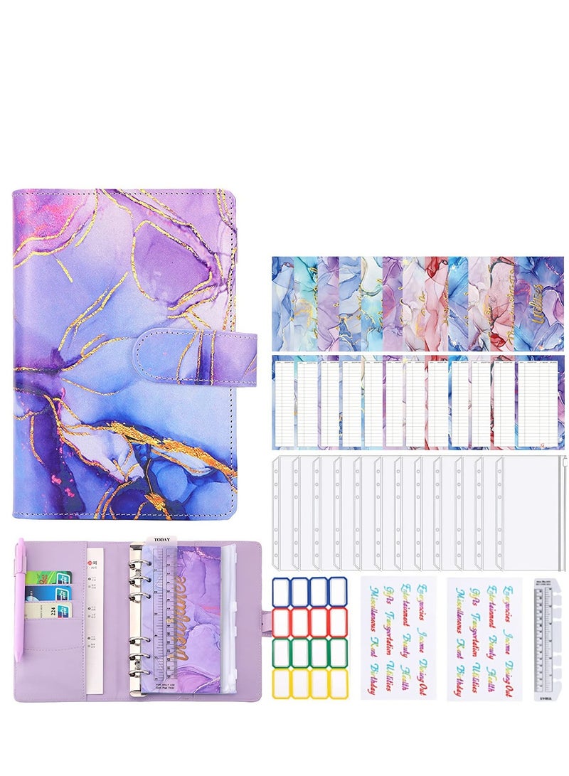 Budget Binder with Zipper Envelopes, Cash Envelopes for Budgeting, A6 PU Leather Budget Binder Planner with 12 Pcs Clear Zipper Envelopes, 12 Pcs Budget Sheets for Budgeting, Saving Money(Purple) - Image 1