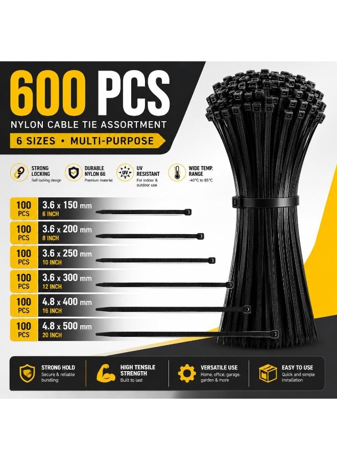مجموعة أربطة كابلات نايلون، 600 قطعة، 6 أحجام، لون أسود - Image 1