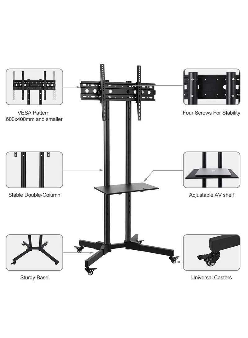 Mobile Rolling TV Cart with Lockable Wheels for 32-65inch LED Screen AV Carts & Stands, Tall TV Stand with Mount Height Adjustable Floor TV Stand Holds Up to 50KG Max VESA 600x400mm (Black) - Image 2