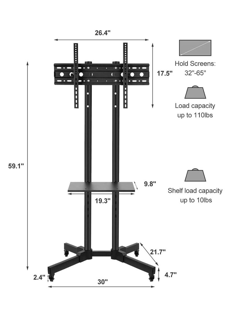 Mobile Rolling TV Cart with Lockable Wheels for 32-65inch LED Screen AV Carts & Stands, Tall TV Stand with Mount Height Adjustable Floor TV Stand Holds Up to 50KG Max VESA 600x400mm (Black) - Image 3