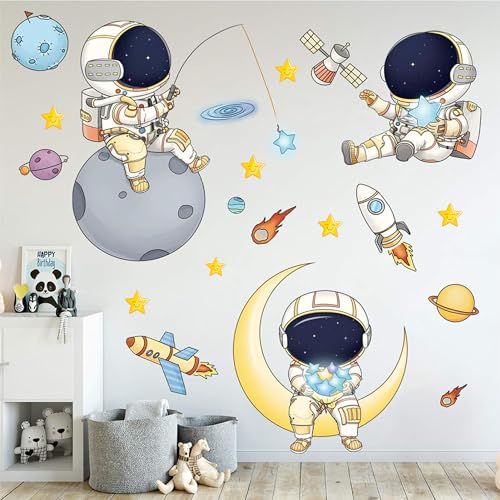 DREAM DECALS Astronaut Peel and Stick Wall Stickers for Boys Bedroom Cartoon Spaceman Outer Planet Creative DIY Art Vinyl Wall Decal Star Spaceship UFO Glaxy Wallpaper Decor 120 x 120 cm - Image 1