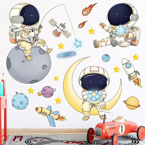 DREAM DECALS Astronaut Peel and Stick Wall Stickers for Boys Bedroom Cartoon Spaceman Outer Planet Creative DIY Art Vinyl Wall Decal Star Spaceship UFO Glaxy Wallpaper Decor 120 x 120 cm - Image 2