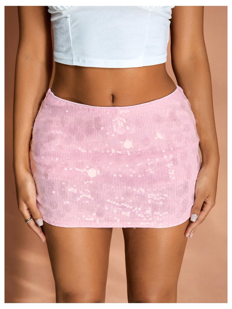 MakeMeChic Women's Sparkly Sequin Mini Skirt Y2k Low Rise Glitter Rave Micro Skirt with Shorts Underneath Pink Medium - Image 4