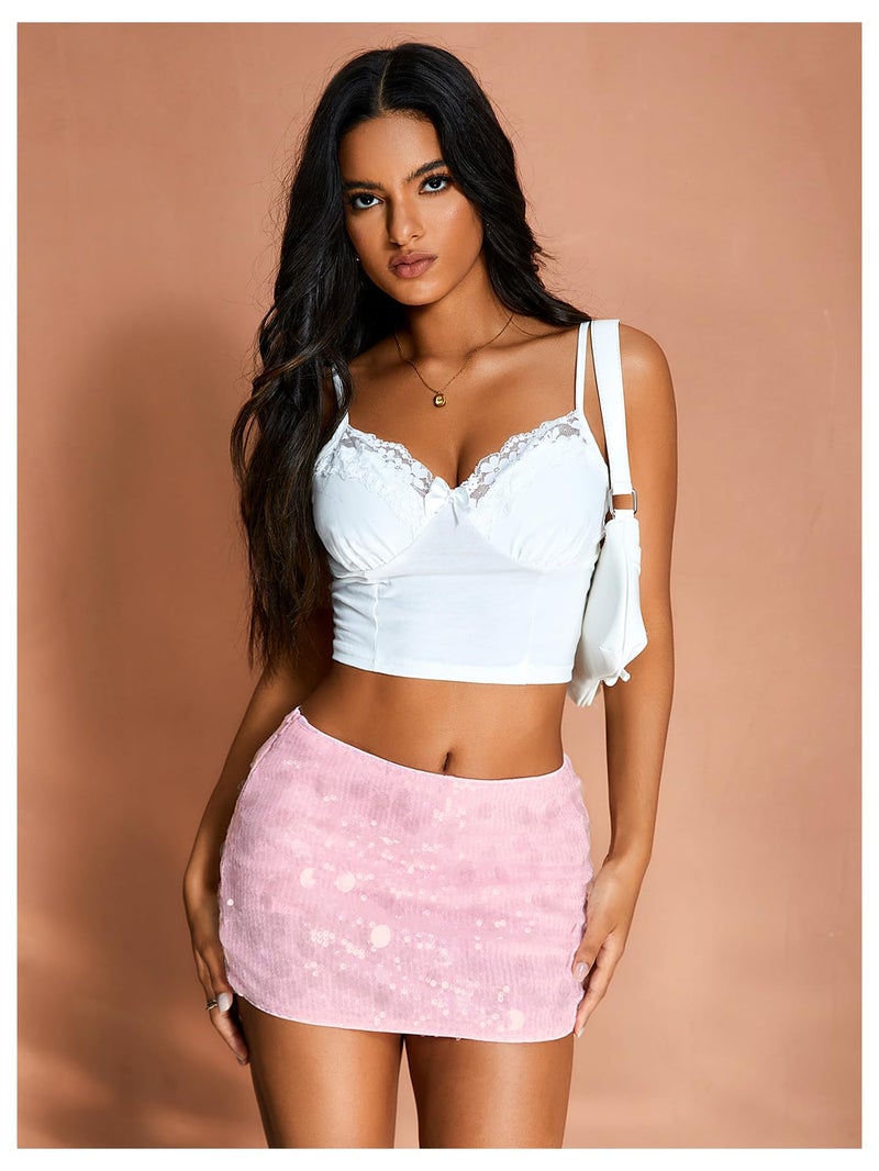 MakeMeChic Women's Sparkly Sequin Mini Skirt Y2k Low Rise Glitter Rave Micro Skirt with Shorts Underneath Pink Medium - Image 5
