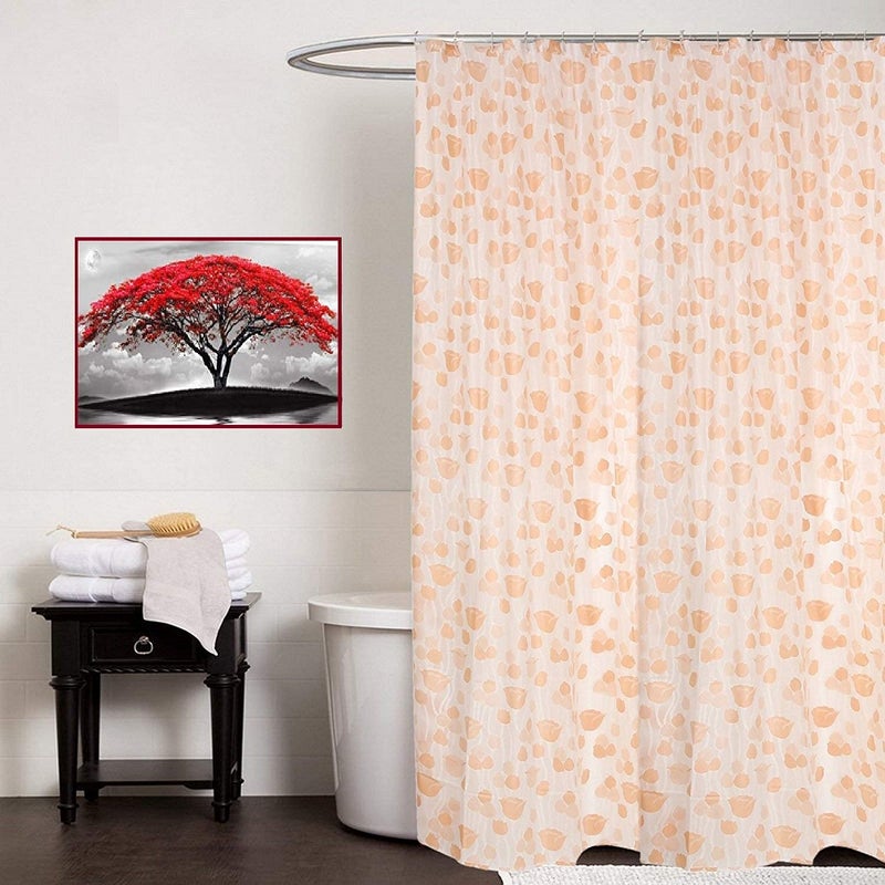 SHAVIN PVC Flower Printed Bathroom Shower Curtain Pack of 1 with Hooks (7 FT, Orange) - Image 1