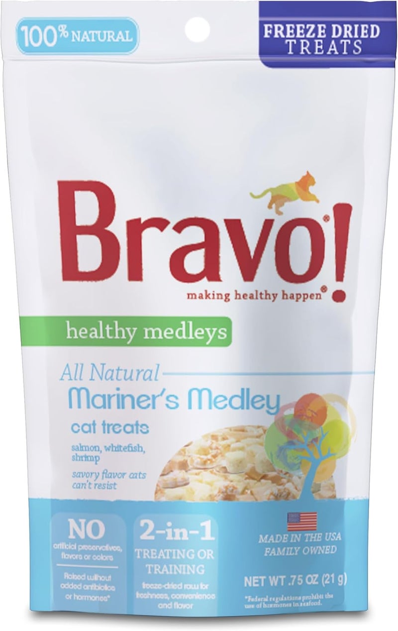Bravo ! Healthy Medleys Mariner's Medley Freeze Dried Cat Treats, Salmon, Whitefish and Shrimp, 0.75 Ounce, Grain Free, Gluten Free - Image 1