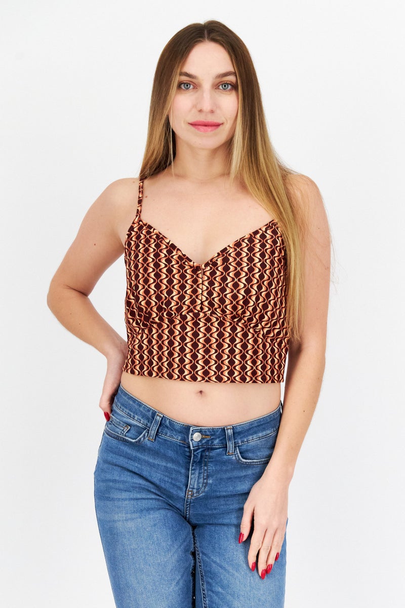 rvca Women V-Neck Abstract Tank Top, Brown Combo - Image 1