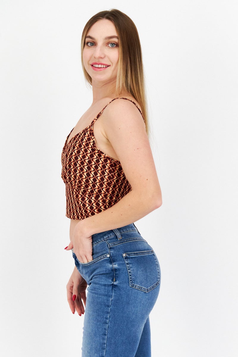 rvca Women V-Neck Abstract Tank Top, Brown Combo - Image 2