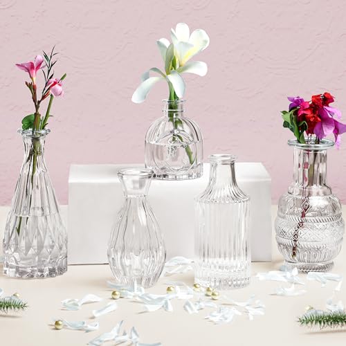 ABOUT SPACE Glass Bud Flower Vase – Pack of 5 Clear Glass Centrepiece for Mini Flowers-Antique Collections for Wedding Decorations Sturdy Textured Drop Shape Table Top Decor for Home, Restaurants - Image 1