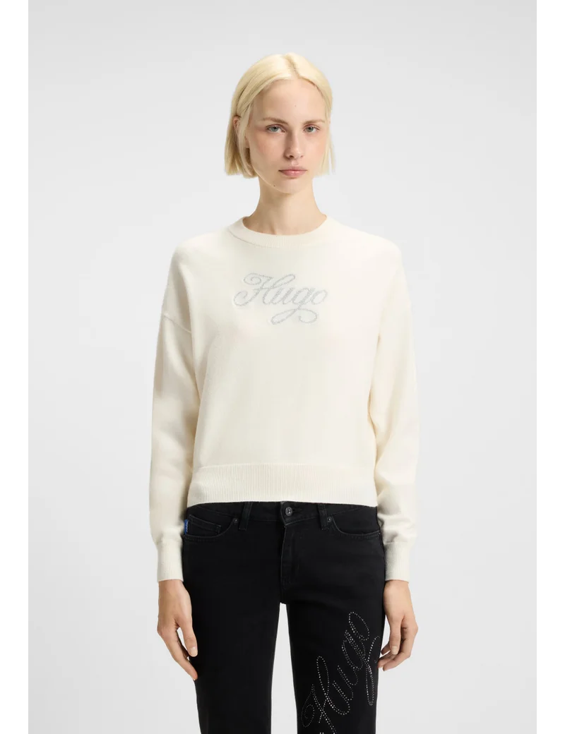 Relaxed-fit knitted sweater with metallised-yarn logo