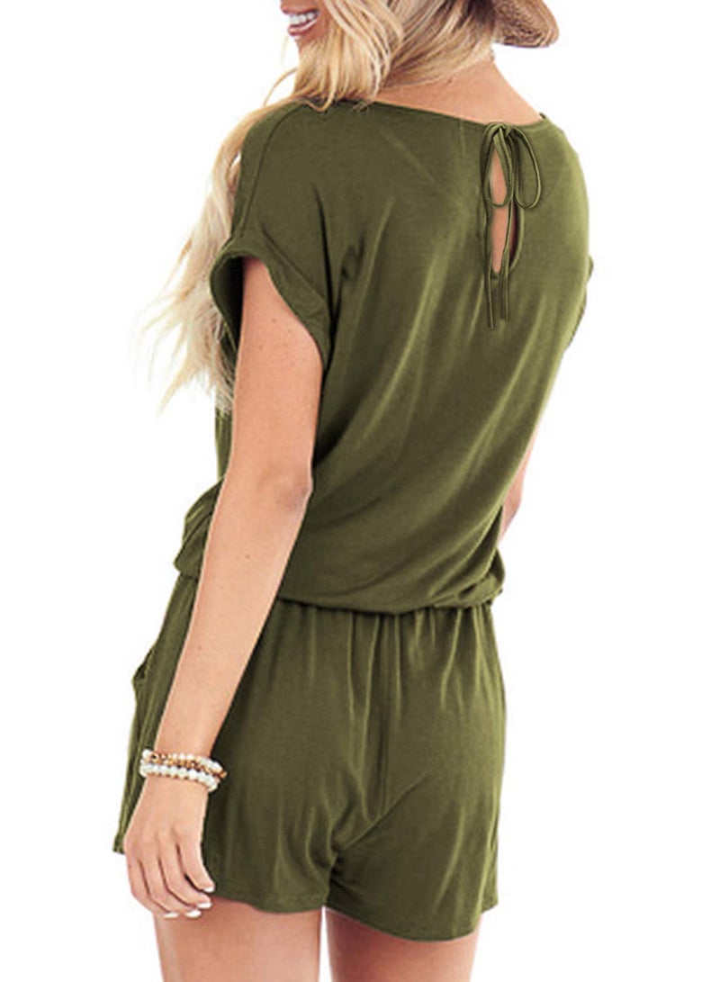 Mokayee Womens Army Green Short Sleeve Casual Summer Front Tie Cute Beach Short Jumpsuits Rompers with Pockets - Image 2