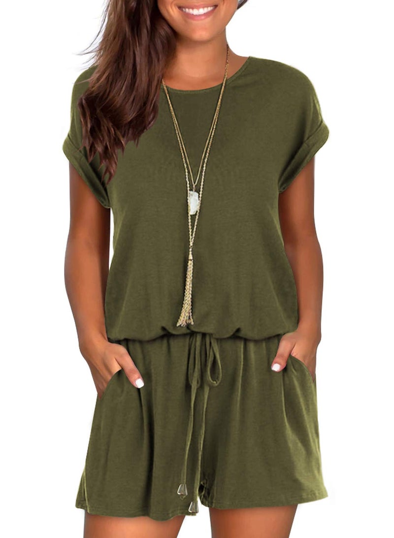 Mokayee Womens Army Green Short Sleeve Casual Summer Front Tie Cute Beach Short Jumpsuits Rompers with Pockets - Image 1