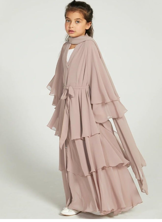 Muslim Abayas Dress for Kids Girls, Long Sleeve Chiffon Islamic Kaftan Robe Open Front Cardigan Prayer Dress for 11-12Y Girls Light Khaki - Image 4
