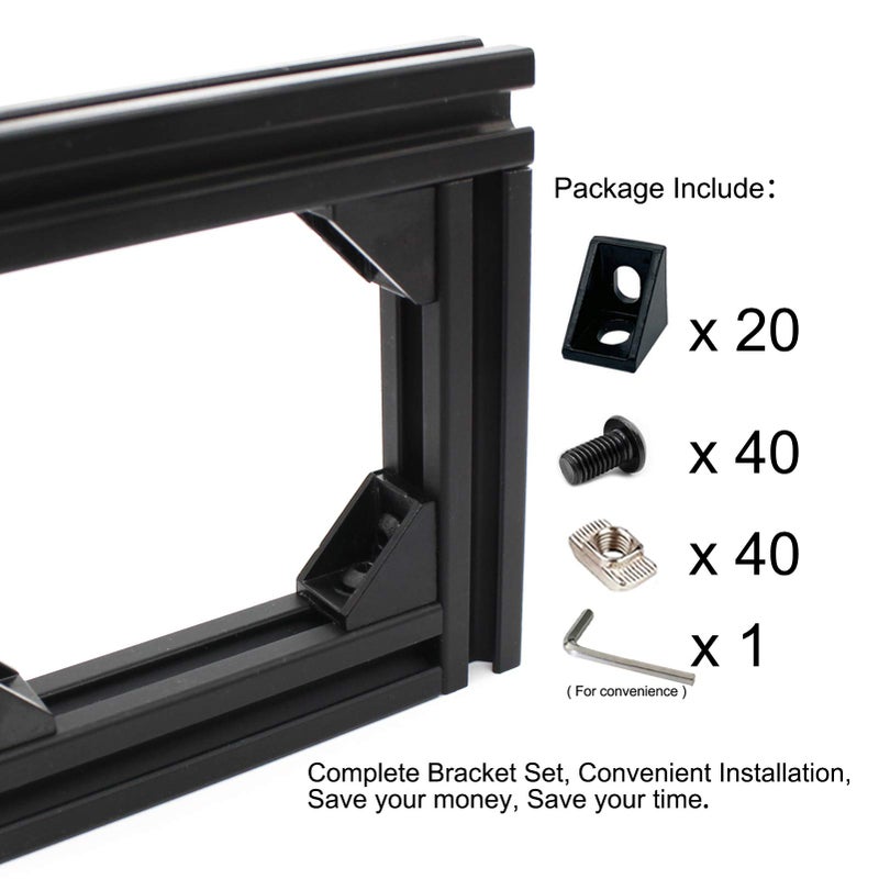 Blccloy 20Sets Black 2020 Series Aluminum Extrusion Profile Corner Bracket 20Pcs 20 Series 90 Degree Right Angle Cornector With M5 Drop In T Nuts Bolts For T Slot Aluminium Extruded Profil Rail - Image 2