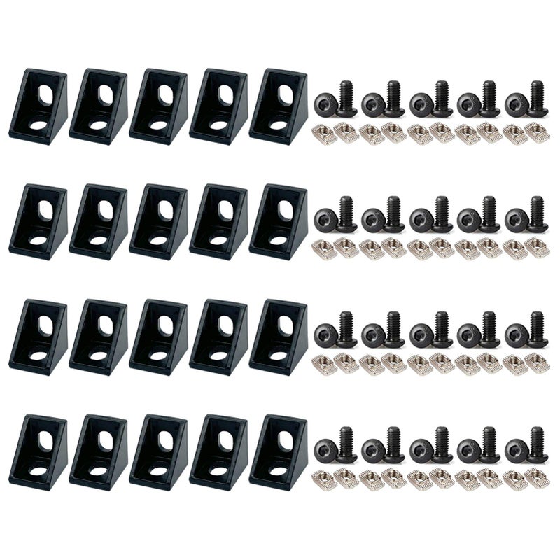 Blccloy 20Sets Black 2020 Series Aluminum Extrusion Profile Corner Bracket 20Pcs 20 Series 90 Degree Right Angle Cornector With M5 Drop In T Nuts Bolts For T Slot Aluminium Extruded Profil Rail - Image 1