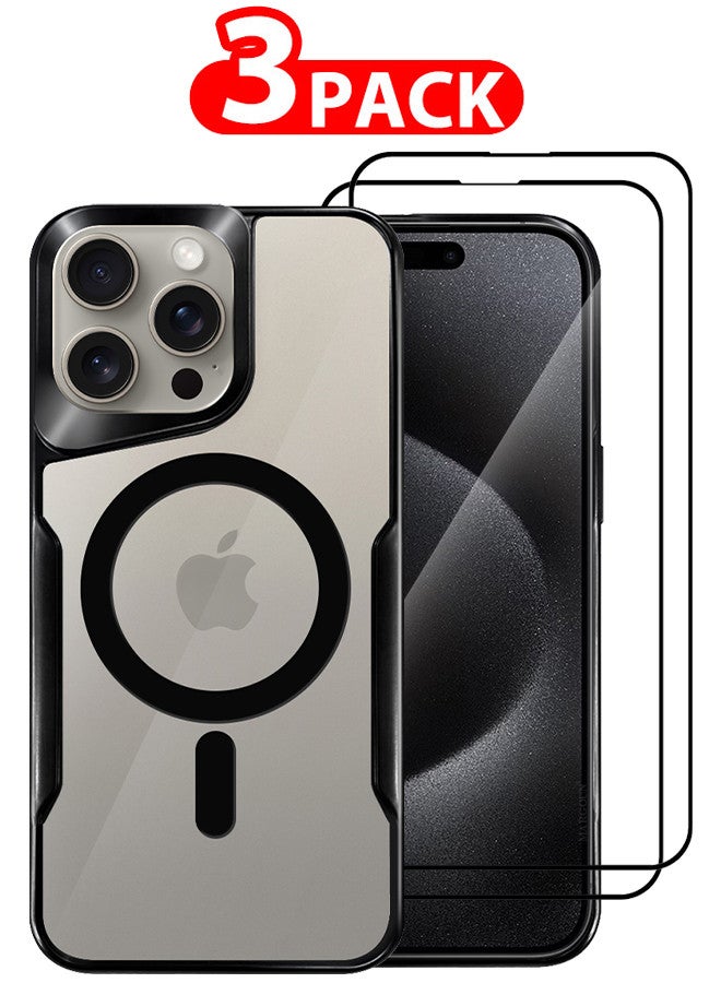 CATANES 3 Pack for iPhone 15 Pro Max Case and 2 Screen Protectors Magnetic Phone Case Slim Shockproof Cover New Design Electroplated Case Cover Black - Image 1