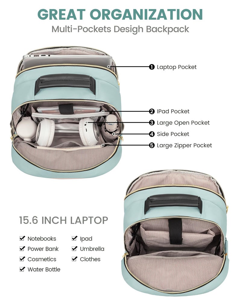 Lovevook LOVEVOOK Laptop Backpack Purse for Women, Work Travel Computer Bags, College School Backpack for Student Girl, Quilted Casual Daypack with USB Port, Fit 15.6 Inch Laptop, Mint Green  - Image 3