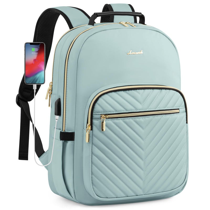 Lovevook LOVEVOOK Laptop Backpack Purse for Women, Work Travel Computer Bags, College School Backpack for Student Girl, Quilted Casual Daypack with USB Port, Fit 15.6 Inch Laptop, Mint Green  - Image 1