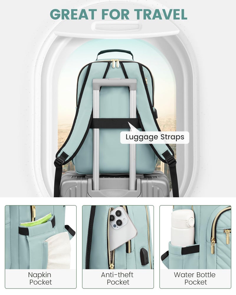 Lovevook LOVEVOOK Laptop Backpack Purse for Women, Work Travel Computer Bags, College School Backpack for Student Girl, Quilted Casual Daypack with USB Port, Fit 15.6 Inch Laptop, Mint Green  - Image 4