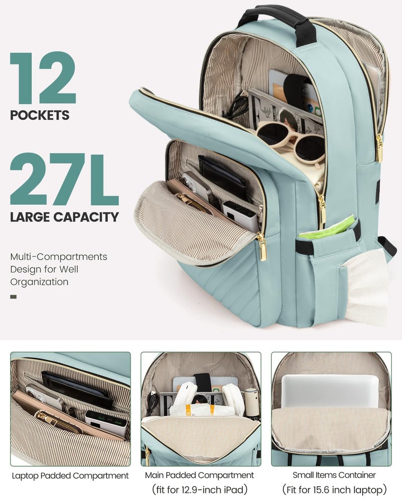 Lovevook LOVEVOOK Laptop Backpack Purse for Women, Work Travel Computer Bags, College School Backpack for Student Girl, Quilted Casual Daypack with USB Port, Fit 15.6 Inch Laptop, Mint Green  - Image 2