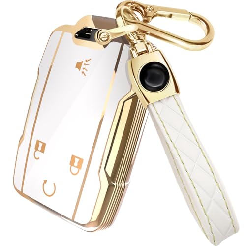 Lucrum Compatible with Chevy & GMC Key Fob Cover & Leather Keychain - TPU Keyfob Case for Colorado Silverado Suburban Tahoe (2014-2021) - White and Gold - Image 1