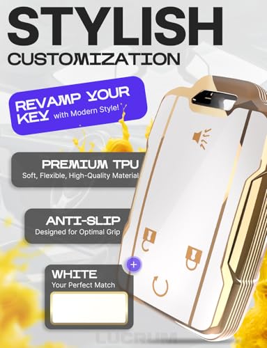 Lucrum Compatible with Chevy & GMC Key Fob Cover & Leather Keychain - TPU Keyfob Case for Colorado Silverado Suburban Tahoe (2014-2021) - White and Gold - Image 3