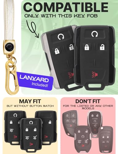Lucrum Compatible with Chevy & GMC Key Fob Cover & Leather Keychain - TPU Keyfob Case for Colorado Silverado Suburban Tahoe (2014-2021) - White and Gold - Image 2