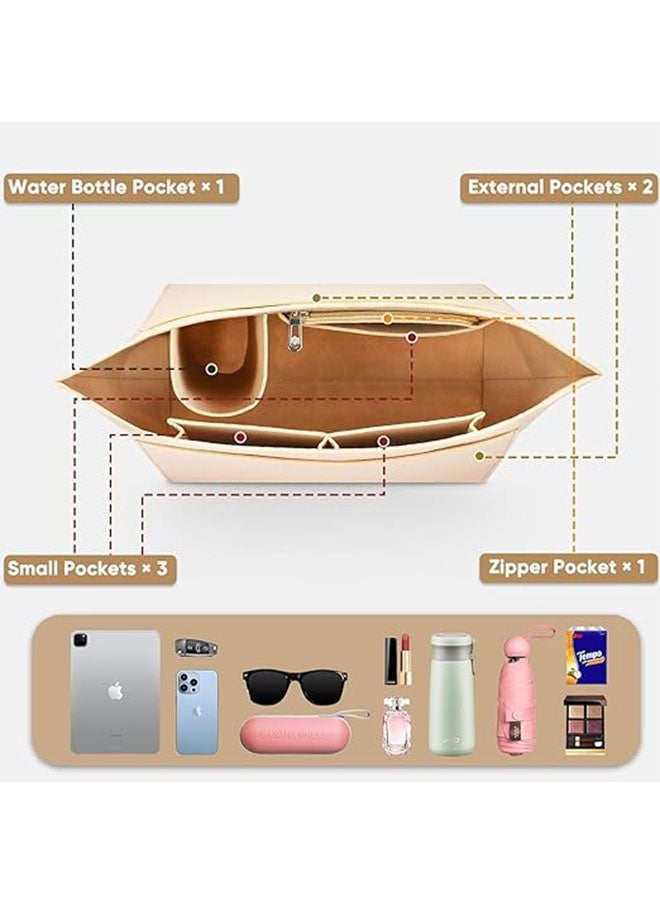 Tote Bag Organizer, Folding Tote Bag Insert, Large Multi Pocket Felt Bag Organizer with Zipper, Handbag Base Shaper for Handbag Purse Travel Bags, Classify and Organize Items, Beige - Image 3