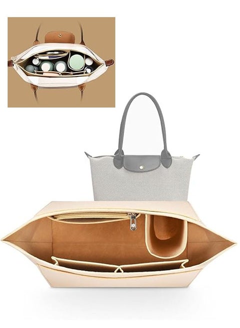 Tote Bag Organizer, Folding Tote Bag Insert, Large Multi Pocket Felt Bag Organizer with Zipper, Handbag Base Shaper for Handbag Purse Travel Bags, Classify and Organize Items, Beige