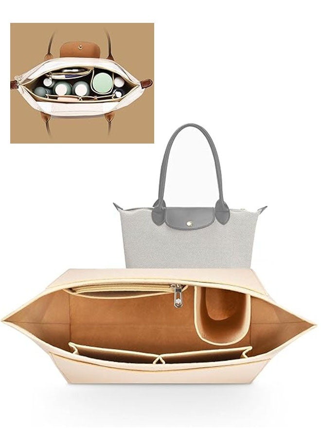 Tote Bag Organizer, Folding Tote Bag Insert, Large Multi Pocket Felt Bag Organizer with Zipper, Handbag Base Shaper for Handbag Purse Travel Bags, Classify and Organize Items, Beige - Image 1