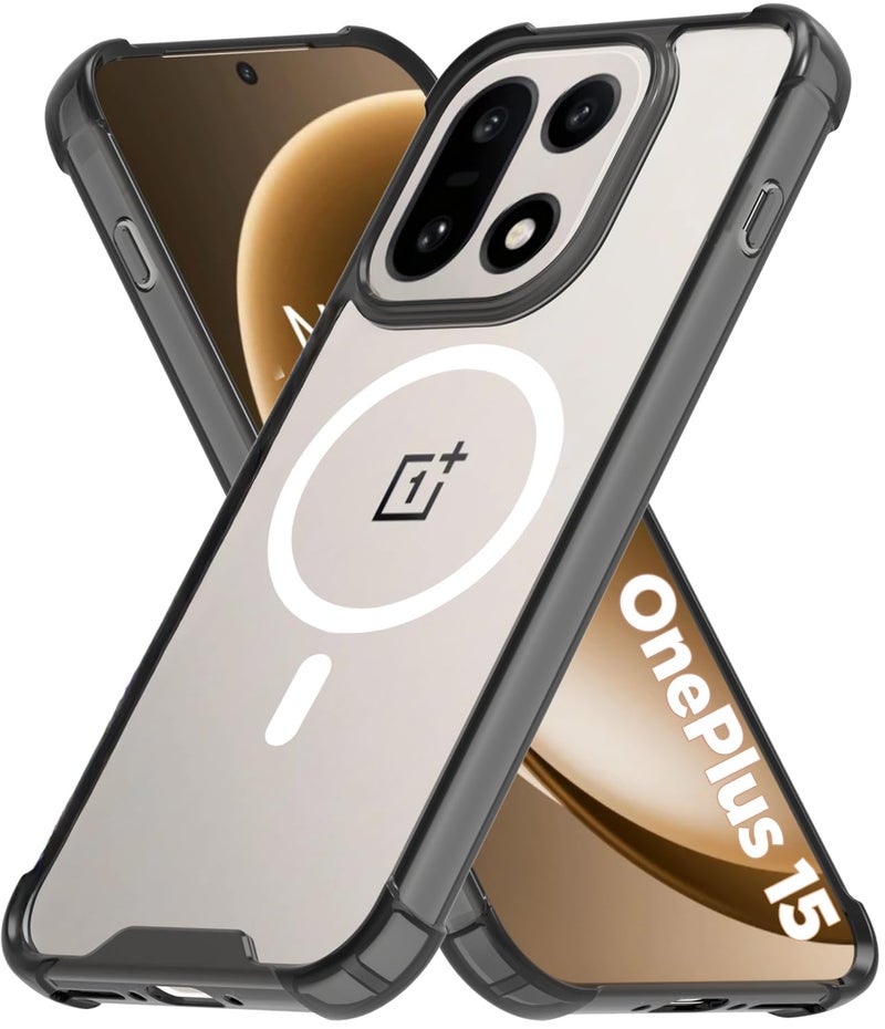 RIGGEAR Shockproof Clear Hybrid Airbag Armor Magnetic Back Cover Case Compatible with MagSafe Accessories for OnePlus 15 5G (Clear-Black TPU Bumper + Transparent PC) (White) - Image 1