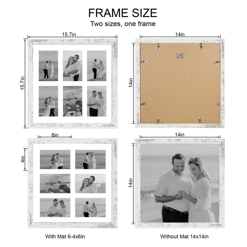 Hongkee 14x14 Picture Frame Set of 2, Distressed White with Glass Collage Frame, Display Photo Six Opening 4x6 With Mat or 14 x 14 Without Mat - Horizontal or Vertical Wall Mounting - Image 2