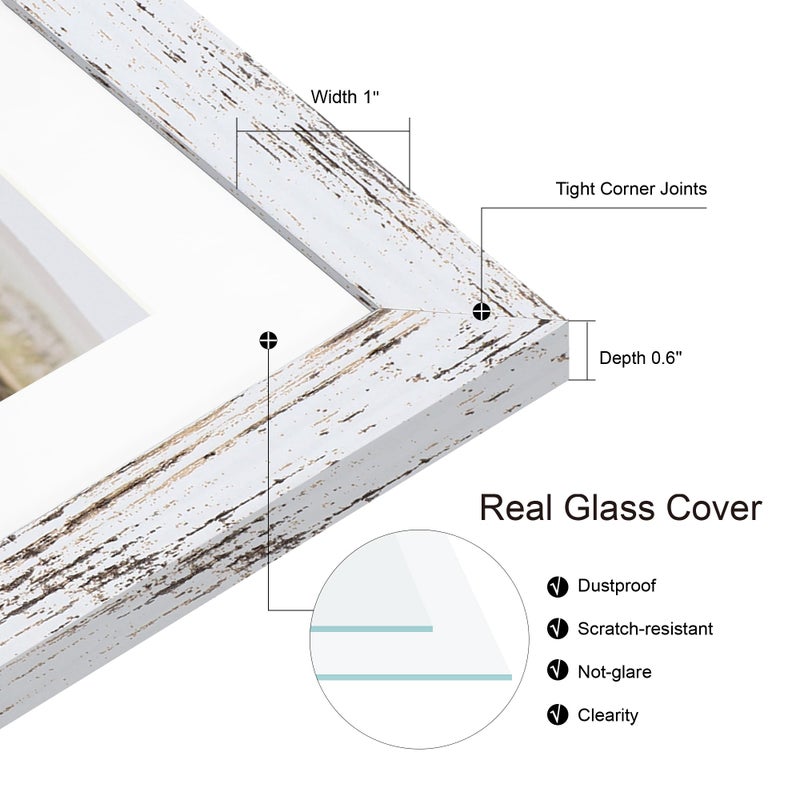 Hongkee 14x14 Picture Frame Set of 2, Distressed White with Glass Collage Frame, Display Photo Six Opening 4x6 With Mat or 14 x 14 Without Mat - Horizontal or Vertical Wall Mounting - Image 5